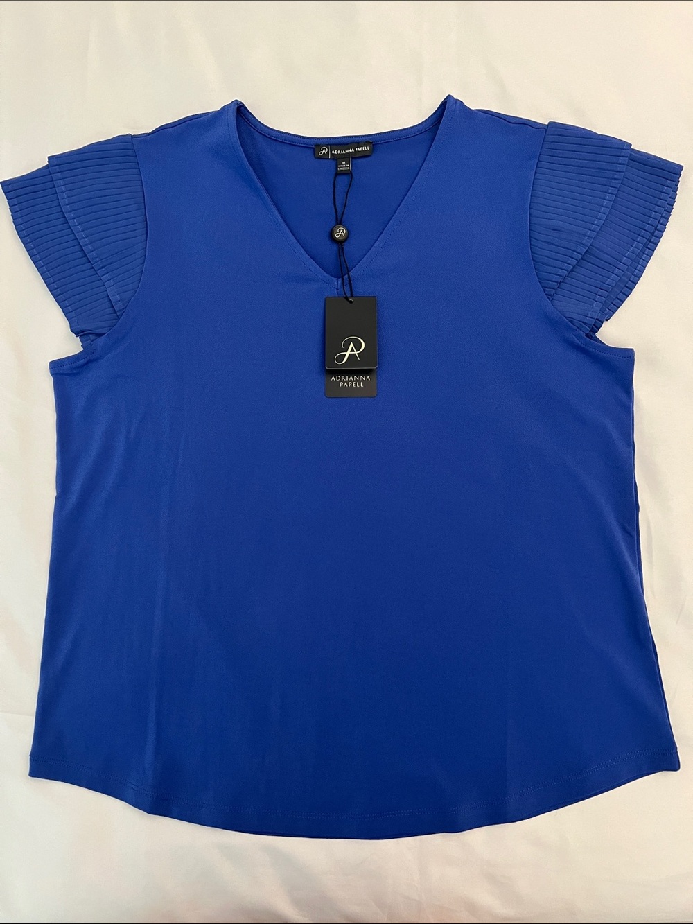 Adrianna Papell Amparo Blue V-Neck Pleated Flutter Sleeve Top Size M NWT - Picture 3 of 10